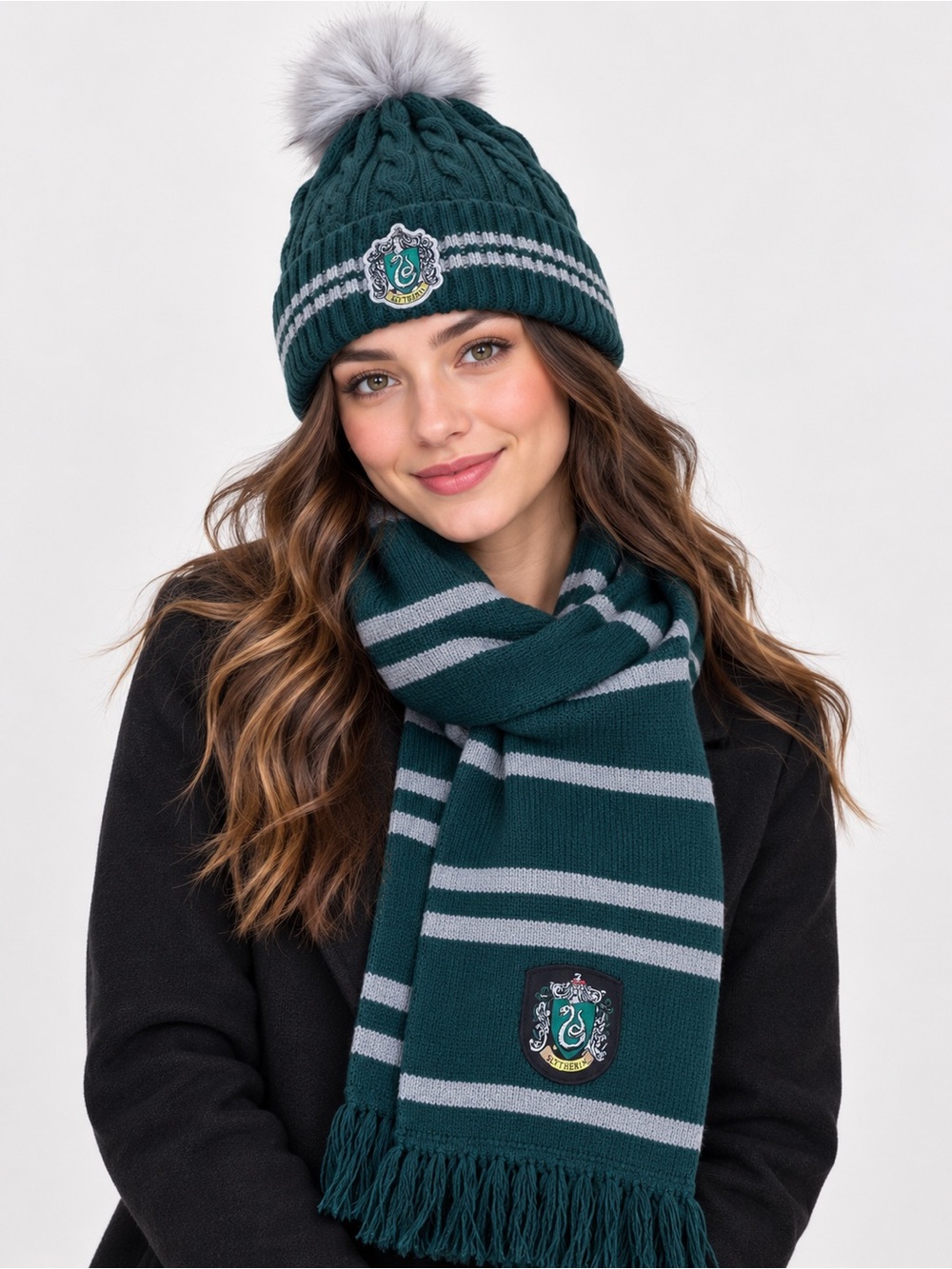 Harry Potter Slytherin Knit Scarf & Pom Beanie Set – Green & Gray